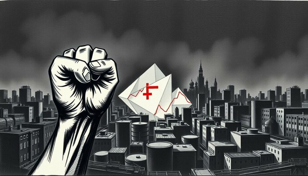 A gritty, industrial landscape depicting the concept of "Bürgergeld Reformen Sanktionen". In the foreground, a clenched fist represents the government's tightening grip on social welfare programs, rendered in stark black and white with a touch of vibrant red. In the middle ground, a series of abstract geometric shapes symbolize the proposed reforms, their edges softened with hints of muted color. The background is a shadowy, labyrinthine cityscape, hinting at the complex bureaucratic processes behind the changes. The scene is illuminated by harsh, directional lighting, casting dramatic shadows and imbuing the image with a sense of tension and uncertainty. The overall aesthetic is one of bold contrasts, blending realism and abstraction to convey the weighty subject matter.