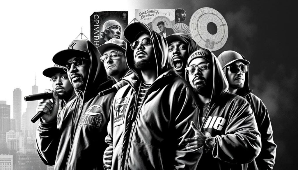 A group portrait of renowned German rappers, rendered in a striking black and white palette with selective color accents. The foreground features the artists in a dynamic, performance-ready pose, their distinctive styles and personas captured in vivid detail. The middle ground showcases a collage of album covers, microphones, and other musical elements, hinting at the artists' diverse discographies and creative outputs. The background subtly blends urban cityscapes and abstract patterns, evoking the vibrant cultural landscape that has nurtured these influential figures. Dramatic lighting casts dramatic shadows, enhancing the monochromatic aesthetic and lending an air of gravitas to the scene. The overall composition aims to draw the viewer into a thoughtful comparison of these German rap icons, their individual artistic merits, and their collective impact on the genre.