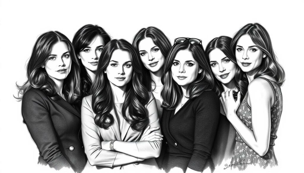 A group portrait of the main cast of the beloved TV series "Gilmore Girls", captured in a timeless black and white sketch-like style with subtle pops of color to highlight key details. The characters are arranged in a natural, dynamic composition, each with a distinct pose and expression that captures their unique personalities. The lighting is soft and evocative, casting gentle shadows and highlighting the warmth and camaraderie between the ensemble. The background is slightly blurred, allowing the viewer to focus on the captivating faces of the actors. This image encapsulates the spirit of the show and the beloved characters that have captured the hearts of fans worldwide.