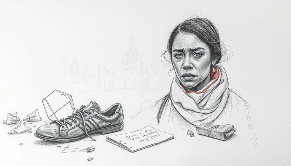 A harrowing chronicle unfolding in stark monochrome, the vanishing of Kevin Njie captured in a series of pencil sketches. A somber foreground depicts Emely Hüffer, his former lover, her face etched with anguish. Surrounding her, a middle ground of fractured memories and cryptic clues - shattered glass, a lone shoe, a crumpled note. In the background, a blurred cityscape, its edges bleeding into the unknown. Punctuated by the occasional splash of color - a red scarf, a weathered photograph - a portrait of a disappearance, where the mundane and the mysterious collide, leaving only questions in their wake. A harrowing chronicle unfolding in stark monochrome, the vanishing of Kevin Njie captured in a series of pencil sketches. A somber foreground depicts Emely Hüffer, his former lover, her face etched with anguish. Surrounding her, a middle ground of fractured memories and cryptic clues - shattered glass, a lone shoe, a crumpled note. In the background, a blurred cityscape, its edges bleeding into the unknown. Punctuated by the occasional splash of color - a red scarf, a weathered photograph - a portrait of a disappearance, where the mundane and the mysterious collide, leaving only questions in their wake.
