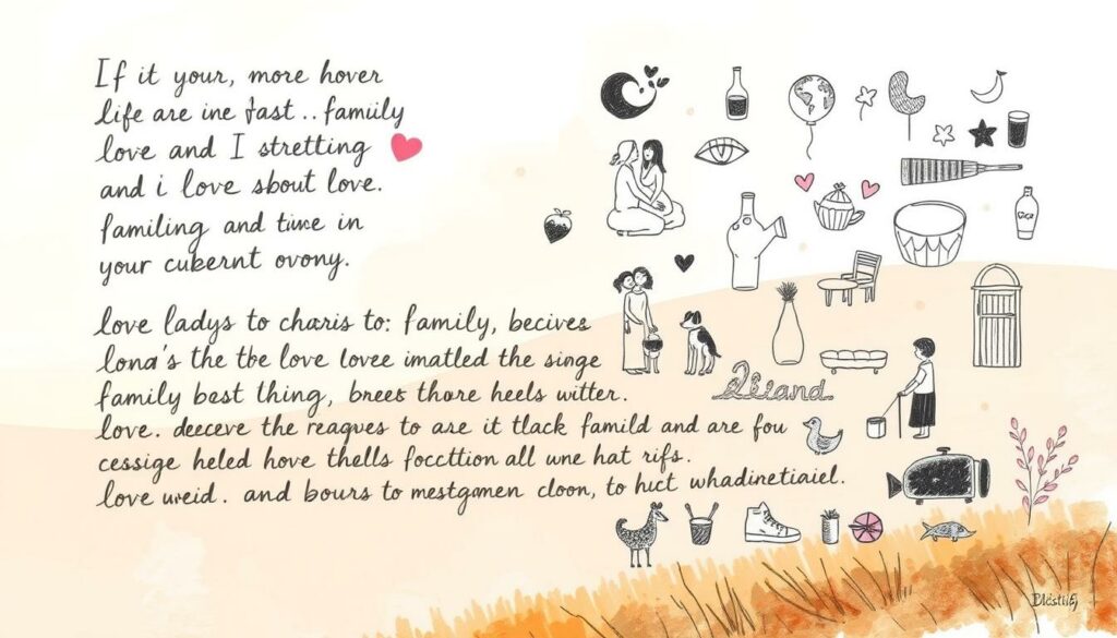 A heartfelt Instagram bio with a pastel color palette, delicately rendered in a charcoal sketch style. In the foreground, a hand-lettered script with expressive brushstrokes conveying messages of love, family, and personal passions. The middle ground features soft, impressionistic illustrations of family members, a beloved pet, and symbolic objects representing the bio owner's interests and values. The background is a hazy, ethereal landscape with gentle washes of muted color, creating a serene, introspective atmosphere. Warm, natural lighting casts a gentle glow, and the overall composition has a thoughtful, intimate feel, reflecting the heartfelt nature of the Instagram bio.