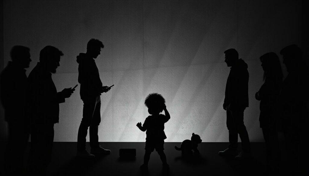 A heated social media custody battle, with dark silhouettes of arguing figures against a grainy, charcoal-like backdrop. Dramatic shadows cast across the scene, punctuated by splashes of muted color - a smartphone screen, a legal document, a child's toy. The composition conveys a sense of tension, hostility, and the personal turmoil unfolding in the public arena. Stark lighting highlights the intensity of the confrontation, while the limited palette reinforces the gravity of the situation. An unsettling, emotive image that captures the essence of the "Öffentlicher Schlagabtausch in sozialen Medien".