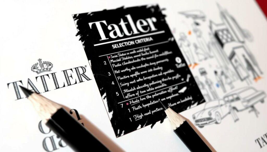 A high-contrast black and white drawing of the selection criteria for Tatler Magazine's prestigious singles list. In the foreground, a detailed sketch of the magazine's iconic masthead and logotype. The middle ground features a grid of numbered criteria - factors like social status, net worth, media profile, and philanthropic efforts. In the background, a series of faintly drawn sketches depicting the lifestyles and activities of the featured individuals - high society events, luxury cars, lavish homes. Splashes of color accent key details, drawing the eye to the most important elements. The overall aesthetic is one of refinement, exclusivity, and discernment. A high-contrast black and white drawing of the selection criteria for Tatler Magazine's prestigious singles list. In the foreground, a detailed sketch of the magazine's iconic masthead and logotype. The middle ground features a grid of numbered criteria - factors like social status, net worth, media profile, and philanthropic efforts. In the background, a series of faintly drawn sketches depicting the lifestyles and activities of the featured individuals - high society events, luxury cars, lavish homes. Splashes of color accent key details, drawing the eye to the most important elements. The overall aesthetic is one of refinement, exclusivity, and discernment.