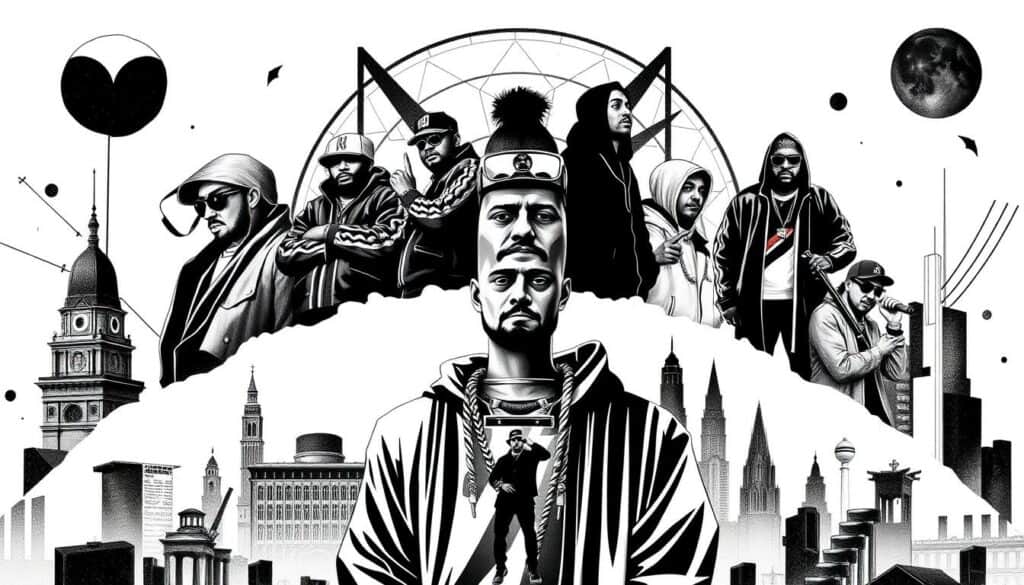 A high-contrast black and white illustration depicting a comparison of various German rap artists, with selective color accents to highlight key elements. The foreground features a central figure representing Bushido, surrounded by smaller silhouettes of other prominent rappers positioned at different heights and angles, suggesting their relative stature and influence within the German rap scene. The middle ground includes architectural elements and cityscape motifs, creating a sense of the German urban landscape. The background features abstract geometric shapes and patterns, adding depth and a sophisticated, minimalist aesthetic. The overall composition conveys a sense of artistic sophistication, competition, and the complex hierarchy within the German rap industry.