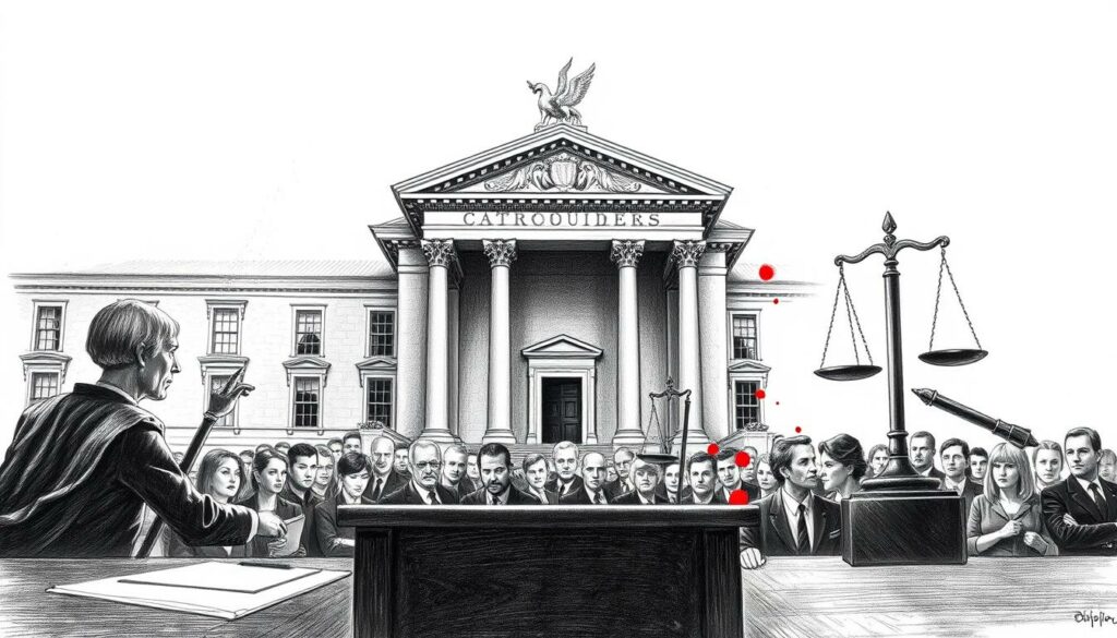 A high-contrast black-and-white illustration depicting a stately courthouse building, its facade adorned with classical architectural elements. In the foreground, a prosecutor's desk is illuminated by a single spotlight, casting dramatic shadows across the scene. The middle ground features a crowd of figures representing the legal system, their expressions somber and pensive. In the background, a gavel and scales of justice loom large, hinting at the gravity of the legal proceedings. Subtle splashes of color, such as the vibrant red of a law book or the golden trim of a uniform, draw the eye and add visual interest to the otherwise monochromatic composition.