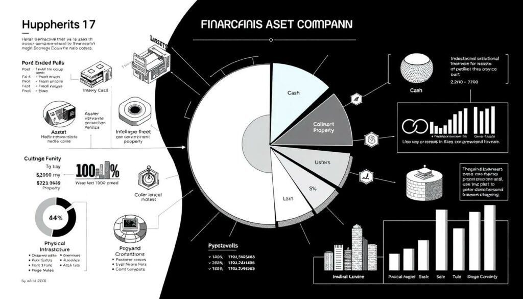 A high-contrast black and white illustration depicting the asset composition of a major tech company, with key elements highlighted in color. The composition features a large, central pie chart showing the proportional breakdown of the company's assets, such as cash, investments, intellectual property, and physical infrastructure. Surrounding the pie chart are detailed infographic-style graphics illustrating the specific assets, their values, and their relative importance. The overall impression is one of precision, clarity, and technical sophistication, conveying the complexities of a tech firm's financial landscape.