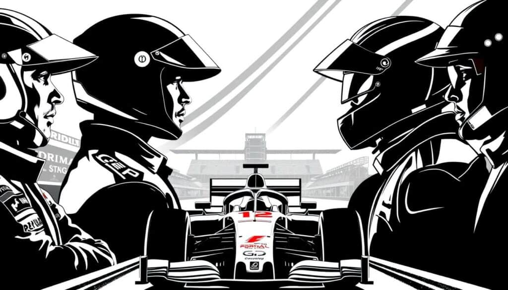 A high-contrast black-and-white illustration showcasing a side-by-side comparison of Formula 1 driver silhouettes, with carefully placed splashes of color highlighting key details. The foreground features the distinct profiles of several iconic racers, their racing suits and helmets rendered in sharp lines and shadows. In the middle ground, sleek, low-angle views of their cars capture the speed and power of the sport. The background subtly suggests the grandeur of a racetrack, with minimal yet impactful elements like grandstand outlines or checkered flag patterns. The overall mood is one of precision, dynamism, and the eternal competition between these elite motorsport legends.