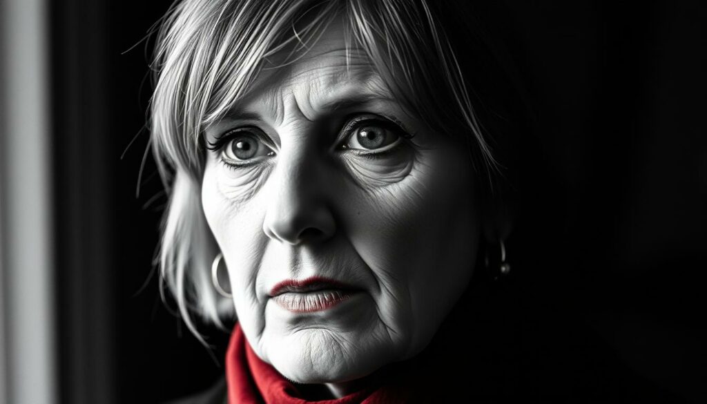 A high-contrast black-and-white portrait of Oscar-winning actress Diane Keaton, captured in a pensive, introspective moment. The lighting is dramatic, with strong shadows and highlights that accentuate the planes of her face. The background is softly blurred, allowing the focus to remain on her expressive eyes and the subtle, colorful accents of her iconic style - a hint of red in her scarf or a touch of gold in her jewelry. The composition is carefully balanced, conveying a sense of timeless elegance and the weight of her remarkable career, from her breakout role in "The Godfather" to her Academy Award-winning performance in "Annie Hall."