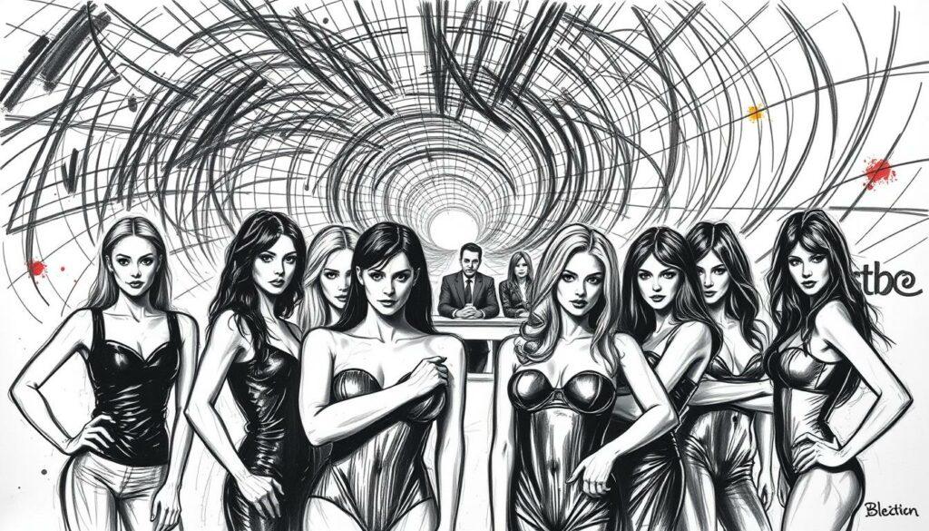A high-contrast black and white sketch of the "Germany's Next Topmodel" TV show, depicting its ongoing criticism and controversies. In the foreground, a group of models pose defiantly, their expressions ranging from confidence to uncertainty. In the middle ground, the judges' panel observes them critically, their faces obscured by shadows. In the background, a swirling, abstract pattern of lines and shapes represents the turbulent public discourse surrounding the show, with occasional splashes of color hinting at the emotive nature of the debate. The overall mood is one of tension and artistic expression, inviting the viewer to contemplate the complex issues at the heart of this iconic television franchise.