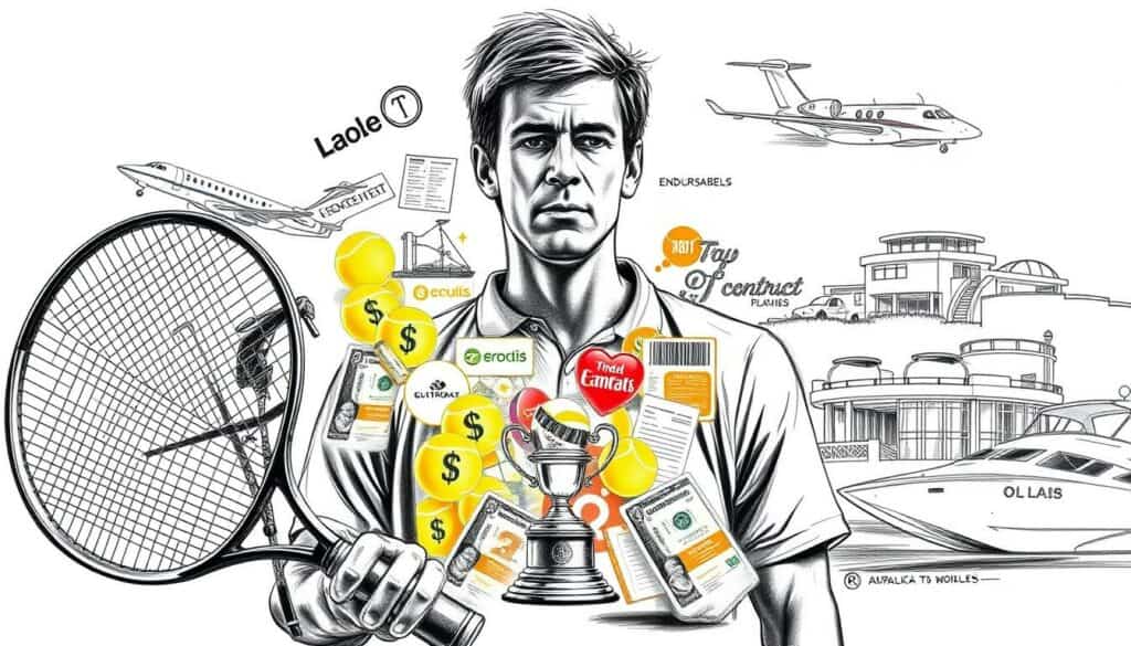 A high-contrast monochrome sketch of a successful professional tennis player, their sources of income depicted in vibrant color. The foreground shows the athlete's racket, tennis balls, and a trophy, symbolic of their on-court accomplishments. The middle ground features diverse revenue streams - endorsement deals, coaching, media appearances - represented by dollar signs, logos, and contract documents. The background showcases a luxurious lifestyle, with a private jet, yacht, and mansion, hinting at the player's wealth and affluence. Careful use of light and shadow, along with selective pops of color, create a striking, artistic composition that emphasizes the multifaceted nature of a top tennis player's earnings and lifestyle.
