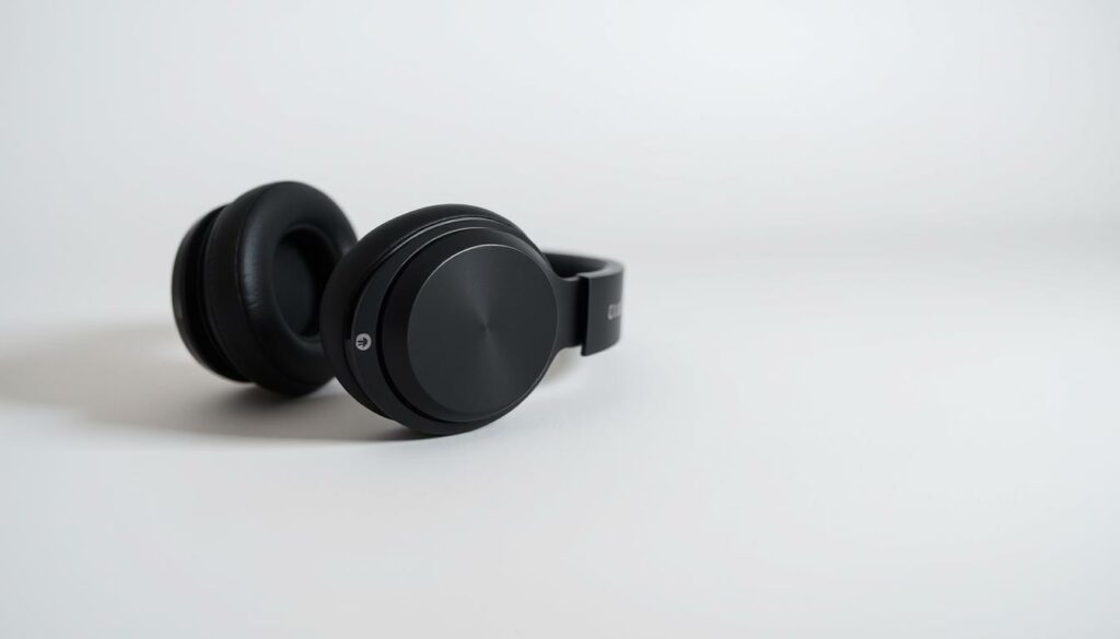 A high-quality pair of wireless over-ear headphones rests on a minimalist, pared-down studio setup. The headphones feature a sleek, low-profile design with matte black accents and subtle metallic highlights. Soft, plush earpads envelop the listener's ears, promising comfort and immersion. The headphones are positioned atop a crisp, clean white background, with just a hint of a gray gradient in the distance, creating a sense of depth and dimension. The overall composition evokes a sense of premium audio technology, perfect for highlighting the best audio deals during Prime Day.