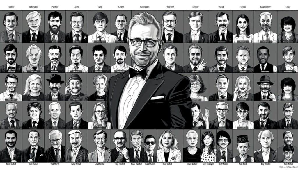 A large, richly detailed illustration showcasing the comparative net worth of prominent German television personalities. Rendered in a distinctive black and white palette with strategic pops of color, the image depicts an array of stylized character portraits aligned in a grid-like arrangement. Each subject is captured in a unique pose, expression, and attire that conveys their unique persona and status. The central focus is on a larger-than-life depiction of Joko Winterscheidt, surrounded by smaller vignettes of his peers. The overall composition strikes a balance between formal elegance and playful whimsy, inviting the viewer to explore the striking visual contrasts and uncover the hidden details that tell the story of these celebrated TV stars and their respective fortunes. A large, richly detailed illustration showcasing the comparative net worth of prominent German television personalities. Rendered in a distinctive black and white palette with strategic pops of color, the image depicts an array of stylized character portraits aligned in a grid-like arrangement. Each subject is captured in a unique pose, expression, and attire that conveys their unique persona and status. The central focus is on a larger-than-life depiction of Joko Winterscheidt, surrounded by smaller vignettes of his peers. The overall composition strikes a balance between formal elegance and playful whimsy, inviting the viewer to explore the striking visual contrasts and uncover the hidden details that tell the story of these celebrated TV stars and their respective fortunes.