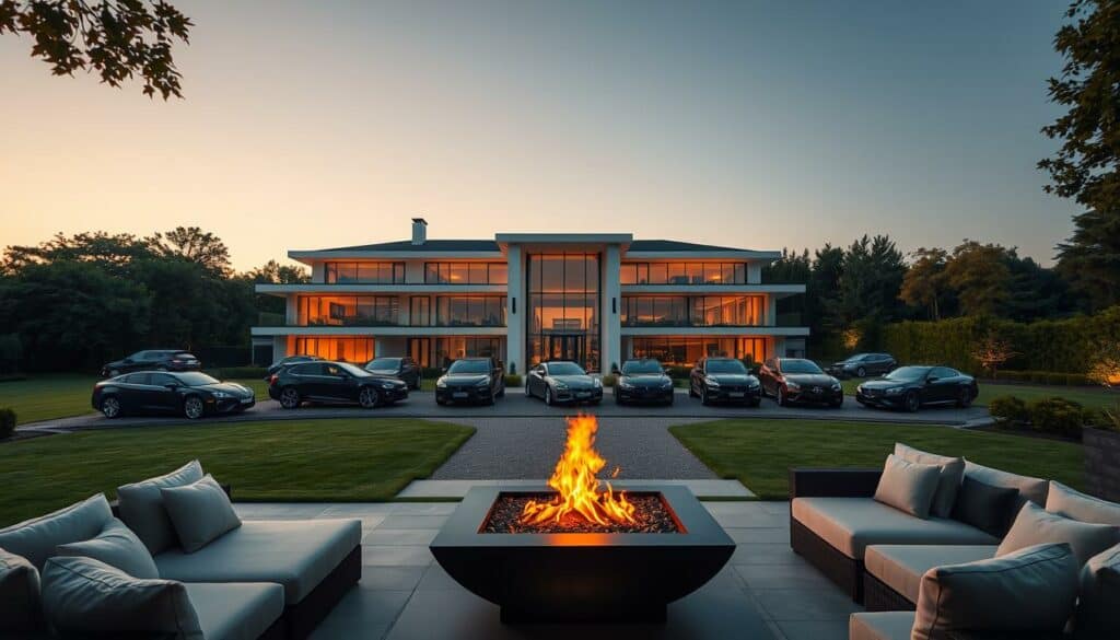 A lavish mansion nestled amidst a lush, manicured landscape, its elegant façade bathed in warm, golden light. Sleek, modern lines and expansive glass panels hint at a luxurious, minimalist interior. Parked in the driveway, a fleet of high-end vehicles, their glossy surfaces reflecting the surrounding greenery. In the foreground, a well-appointed outdoor living area invites indulgence, with plush seating and a striking fire pit casting a moody, atmospheric glow. Punctuated by strategic pops of color, this image conveys the pinnacle of Bastian Schweinsteiger's affluent, sophisticated lifestyle.