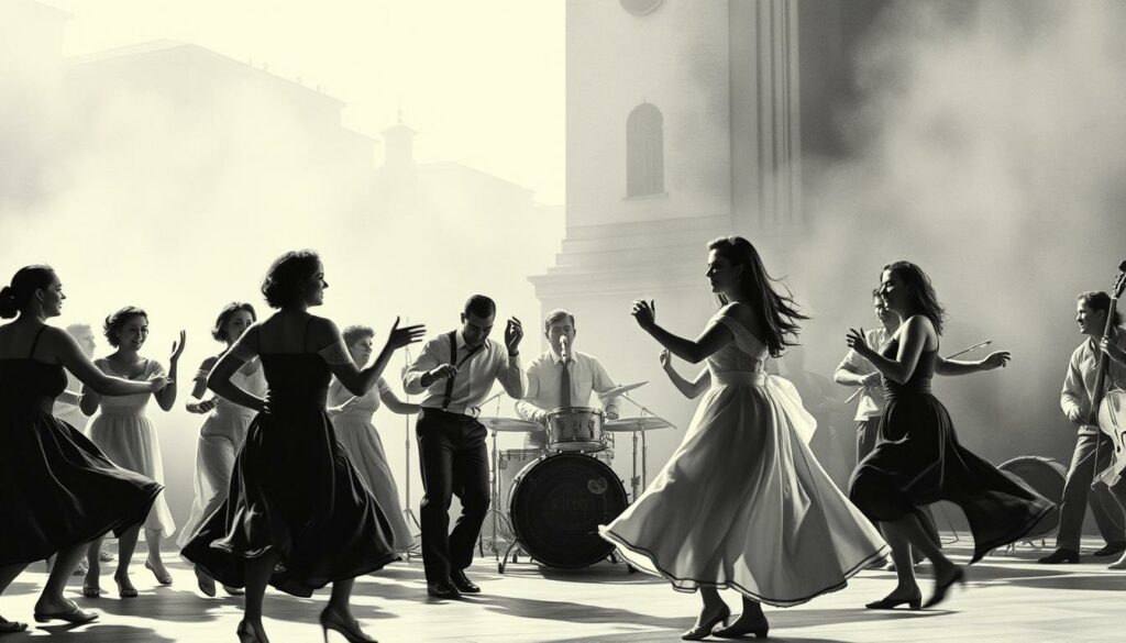 A lively and vibrant scene of musicians and dancers, captured in a black and white palette with subtle pops of color. The foreground showcases a group of performers passionately engaged in a traditional dance, their movements fluid and graceful. In the middle ground, a small ensemble of musicians play their instruments, their faces animated and expressive. The background is a hazy, atmospheric representation of the film's setting, with architectural details and silhouettes of additional dancers. The lighting is dramatic, casting dramatic shadows and highlighting the energy and emotion of the performance. The overall composition conveys the artistic and cinematic essence of the film "Lebe und denke nicht an morgen".