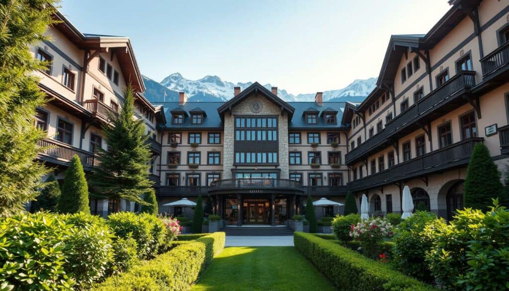 A luxurious alpine resort nestled amidst snow-capped peaks, the Hotel Sonnenhof Lifestyle exudes an air of sophisticated elegance. The grand, traditional architecture is accentuated by precise architectural lines and subdued colors, capturing the essence of understated luxury. In the foreground, a manicured garden frames the entrance, its vibrant greenery and strategically placed pops of color adding depth and visual interest. The middle ground features the hotel's facade, its intricate stonework and ornate details bathed in warm, natural light. The background showcases the surrounding mountainous landscape, creating a serene, picturesque tableau. The overall scene conveys a sense of tranquility, exclusivity, and a lifestyle of refined indulgence, perfectly suited to illustrate the "Immobilien, Autos und Lifestyle" section of the article.