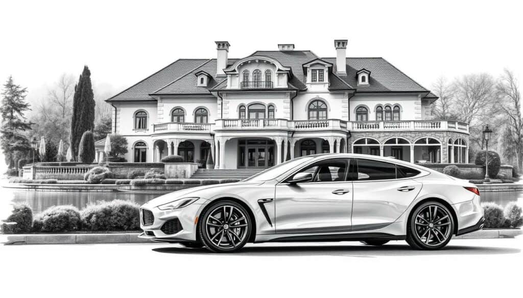 A luxurious lakefront villa nestled on the serene Heiligen See, its stately facade bathed in soft, diffused light. Intricate architectural details, from the manicured landscaping to the ornate windows, create an air of refined elegance. In the foreground, a sleek, silver luxury sedan is parked, its lines and curves captured in a monochromatic palette with subtle pops of color. The scene conveys a sense of affluence and understated sophistication, reflecting the subject's affluent lifestyle. The overall mood is one of tranquility and exclusivity, captured in a painterly, pencil-sketch style. A luxurious lakefront villa nestled on the serene Heiligen See, its stately facade bathed in soft, diffused light. Intricate architectural details, from the manicured landscaping to the ornate windows, create an air of refined elegance. In the foreground, a sleek, silver luxury sedan is parked, its lines and curves captured in a monochromatic palette with subtle pops of color. The scene conveys a sense of affluence and understated sophistication, reflecting the subject's affluent lifestyle. The overall mood is one of tranquility and exclusivity, captured in a painterly, pencil-sketch style.