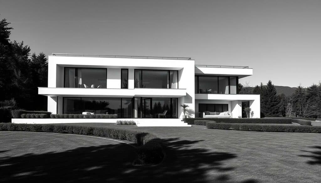 A luxurious mansion set against the backdrop of a picturesque landscape, its sleek modern design accentuated by strategic use of light and shadow. The property's exterior is rendered in a striking black and white palette, with carefully placed pops of color highlighting architectural details and lush greenery. The image conveys a sense of refined sophistication, hinting at the wealth and status of its owner, the renowned television personality Thomas Gottschalk. The scene is captured through a crisp, high-contrast lens, drawing the viewer's attention to the elegant lines and imposing scale of the residence, a testament to Gottschalk's successful career and enviable lifestyle.