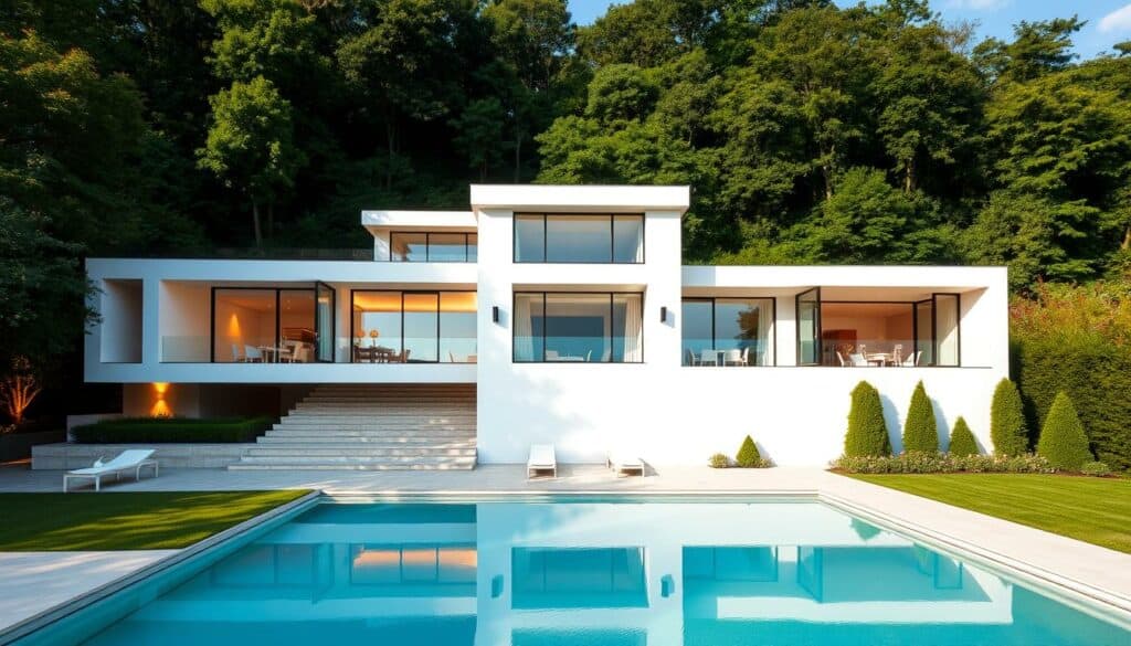 A luxurious modern villa nestled amidst lush greenery, with crisp lines and sleek glass facades bathed in warm, soft lighting. The exterior features a minimalist design with strategically placed pops of color, hinting at the refined, sophisticated lifestyle within. The home is situated on a sprawling property, with a well-manicured garden and a serene swimming pool reflecting the azure sky. The scene conveys a sense of tranquility and exclusivity, capturing the essence of Lena Meyer-Landrut's affluent and stylish lifestyle.