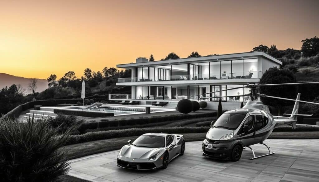 A luxurious modern villa nestled in the hills, its sleek lines and expansive glass facades capturing the essence of a Schlagerstar's lavish lifestyle. Manicured gardens and a shimmering pool frame the residence, hinting at the high-end amenities within. Warm lighting casts a soft glow, highlighting the property's architectural details and the owner's impeccable taste. In the foreground, a collection of high-end sports cars and a private helicopter hint at the Schlagerstar's affinity for the finer things in life. The scene is rendered in a striking black and white palette, punctuated by splashes of color in the lush greenery and the gleaming vehicles. This image evokes a sense of opulence and success, befitting the subject of the article on the Schlagerstar's wealth and lifestyle. A luxurious modern villa nestled in the hills, its sleek lines and expansive glass facades capturing the essence of a Schlagerstar's lavish lifestyle. Manicured gardens and a shimmering pool frame the residence, hinting at the high-end amenities within. Warm lighting casts a soft glow, highlighting the property's architectural details and the owner's impeccable taste. In the foreground, a collection of high-end sports cars and a private helicopter hint at the Schlagerstar's affinity for the finer things in life. The scene is rendered in a striking black and white palette, punctuated by splashes of color in the lush greenery and the gleaming vehicles. This image evokes a sense of opulence and success, befitting the subject of the article on the Schlagerstar's wealth and lifestyle.