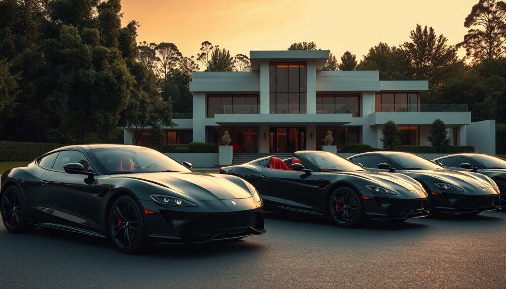 A luxurious modern villa set against a backdrop of lush greenery, its clean lines and sleek facade bathed in warm, muted lighting. In the foreground, an assortment of high-end automobiles gleam in shades of black and grey, their silhouettes sharp and defined. The scene conveys a sense of wealth, power and a refined, minimalist aesthetic - a testament to the Haftbefehl lifestyle. Subtle pops of color, like the crimson leather interior of one of the cars, add visual interest and depth to the monochromatic palette. The overall composition suggests a life of luxury, comfort and success.