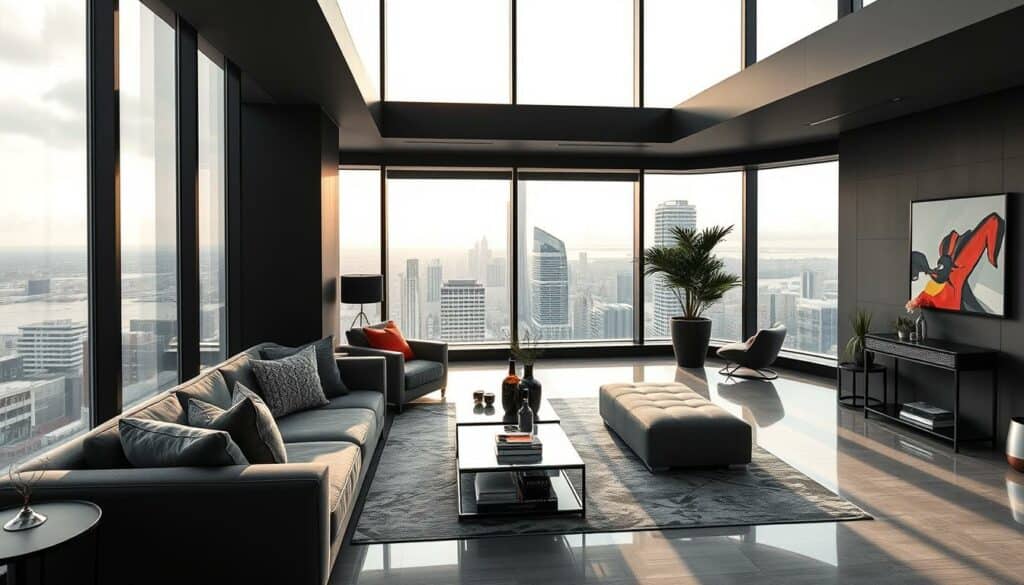 A luxurious penthouse apartment overlooking a metropolitan skyline, bathed in soft, warm lighting. Sleek, minimalist furnishings in muted grays and blacks, punctuated by vibrant splashes of color in artfully placed accents. Floor-to-ceiling windows offer breathtaking views of the city below, creating a sense of elevated, sophisticated living. The scene is rendered in a striking black and white palette, with subtle pops of color drawing the eye to key details - a vibrant piece of abstract art, a well-appointed bar cart, or a lush, verdant plant. The overall atmosphere is one of luxurious, effortless refinement, capturing the essence of an elevated, aspirational lifestyle.