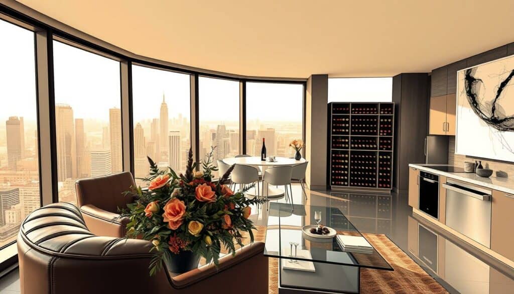 A luxurious penthouse apartment overlooking a vibrant city skyline, floor-to-ceiling windows bathed in warm, natural light. In the foreground, a stylish leather armchair and a sleek glass coffee table adorned with a lush bouquet of flowers, punctuated by touches of rich, earthy tones. The middle ground reveals a modern, minimalist kitchen with gleaming stainless steel appliances and a marble countertop. In the background, a well-stocked wine rack and a large, abstract painting add depth and sophistication to the scene. The overall impression conveys the refined, luxurious lifestyle of a successful real estate investor, captured in a moody, black-and-white illustration with subtle pops of color.