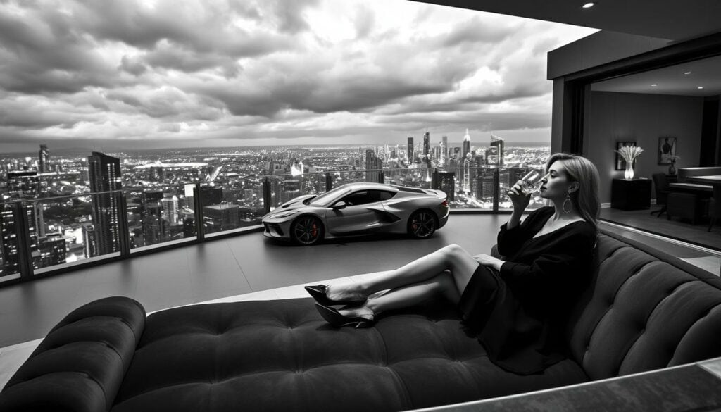 A luxurious penthouse apartment with panoramic city views, floor-to-ceiling windows, and a sleek, minimalist interior design. In the foreground, a stylish woman in a chic outfit lounges on a plush velvet sofa, sipping from a crystal glass. Mid-ground, a shiny sports car is parked on the private driveway, reflecting the modern architecture. The background features a bustling cityscape, with skyscrapers and bright lights against a moody, cloudy sky. The scene is captured in a black and white palette, with subtle pops of color in the woman's accessories and the car's details.