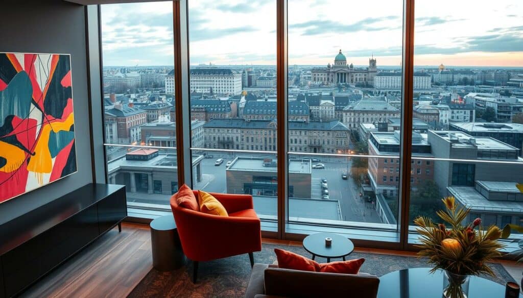 A luxurious penthouse suite in the heart of Berlin, floor-to-ceiling windows offering sweeping city views. Sleek, modern furniture in shades of charcoal and slate, punctuated by pops of vibrant color - a plush velvet armchair, a vibrant abstract painting. Warm lighting casts a soft glow, while a balcony overlooks the bustling streets below. In the distance, the iconic silhouette of the Reichstag building. The scene exudes an air of refined elegance and sophisticated urban living, a reflection of a life of luxury and privilege. A luxurious penthouse suite in the heart of Berlin, floor-to-ceiling windows offering sweeping city views. Sleek, modern furniture in shades of charcoal and slate, punctuated by pops of vibrant color - a plush velvet armchair, a vibrant abstract painting. Warm lighting casts a soft glow, while a balcony overlooks the bustling streets below. In the distance, the iconic silhouette of the Reichstag building. The scene exudes an air of refined elegance and sophisticated urban living, a reflection of a life of luxury and privilege.