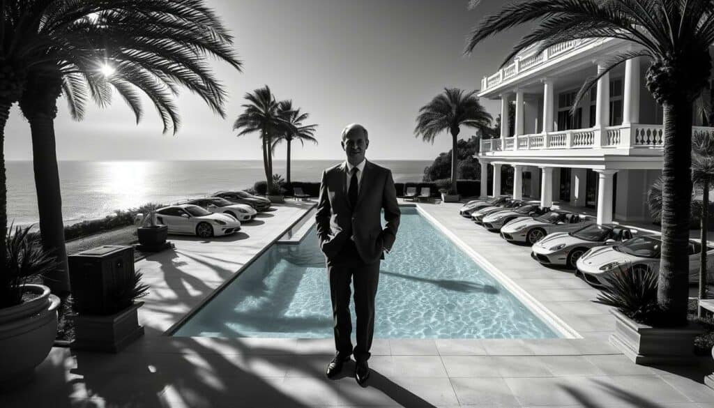 A luxurious seaside villa with a sprawling terrace, framed by manicured gardens and a sparkling pool. Franz Beckenbauer, the legendary German footballer, stands at the center, dressed in a sharp suit, exuding an aura of refined sophistication. Dappled sunlight filters through the palm trees, casting a warm glow across the scene. In the background, a fleet of gleaming sports cars hint at Beckenbauer's passion for the finer things in life. Rendered in a moody, high-contrast black and white palette, with subtle pops of color accentuating key details, this image captures the essence of the "Kaiser's" lavish lifestyle and the trappings of his immense wealth.