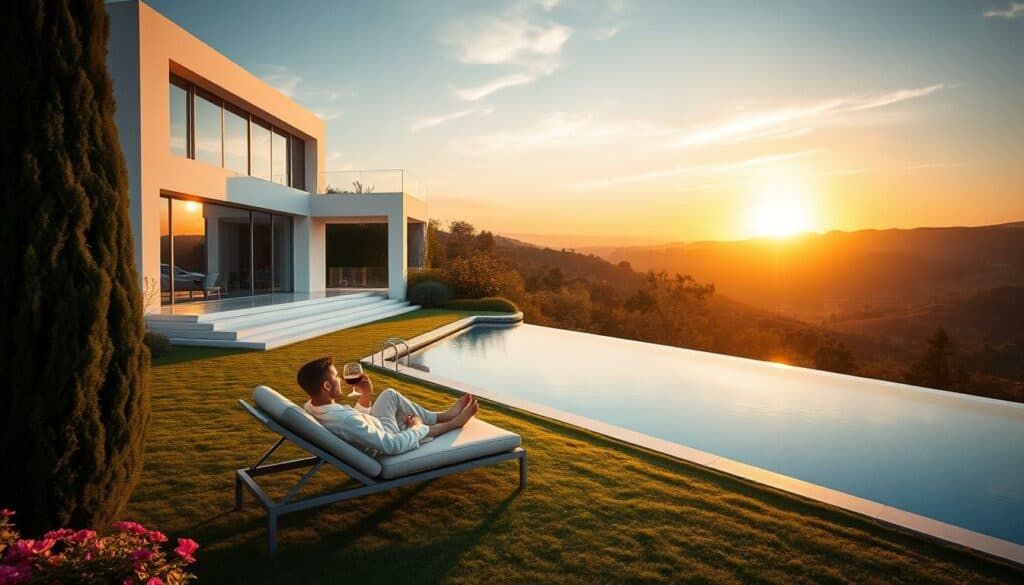 A luxurious villa nestled atop a lush hillside, its pristine white exterior reflecting the warm glow of the setting sun. Sleek, modern architecture with floor-to-ceiling windows offering panoramic views of the rolling landscape beyond. A perfectly manicured lawn leads to a sparkling infinity pool, where a lone figure lounges on a plush chaise, sipping a glass of vintage wine. The scene is bathed in soft, golden light, with subtle pops of color in the vibrant flowers and the gleam of a luxury sports car parked nearby. This image captures the epitome of the high-society "Luxus Villa Lifestyle" - a vision of effortless elegance and lavish indulgence.