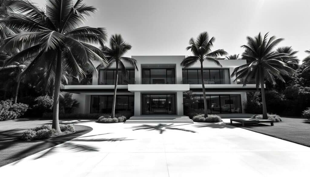 A luxurious villa nestled in a lush, verdant landscape, with a sleek, modern exterior accented by bold, angular lines and punctuated by splashes of vibrant color. The grand entrance is flanked by towering palm trees, casting dramatic shadows across the pristine, polished driveway. Through the large, panoramic windows, a glimpse of a lavish interior can be seen, hinting at the opulent lifestyle within. The scene is rendered in a striking black-and-white palette, with selective pops of color highlighting the villa's most striking architectural features and the surrounding natural elements. The overall composition conveys a sense of wealth, power, and refined sophistication - a visual embodiment of the rockstar's luxurious real estate holdings. A luxurious villa nestled in a lush, verdant landscape, with a sleek, modern exterior accented by bold, angular lines and punctuated by splashes of vibrant color. The grand entrance is flanked by towering palm trees, casting dramatic shadows across the pristine, polished driveway. Through the large, panoramic windows, a glimpse of a lavish interior can be seen, hinting at the opulent lifestyle within. The scene is rendered in a striking black-and-white palette, with selective pops of color highlighting the villa's most striking architectural features and the surrounding natural elements. The overall composition conveys a sense of wealth, power, and refined sophistication - a visual embodiment of the rockstar's luxurious real estate holdings.