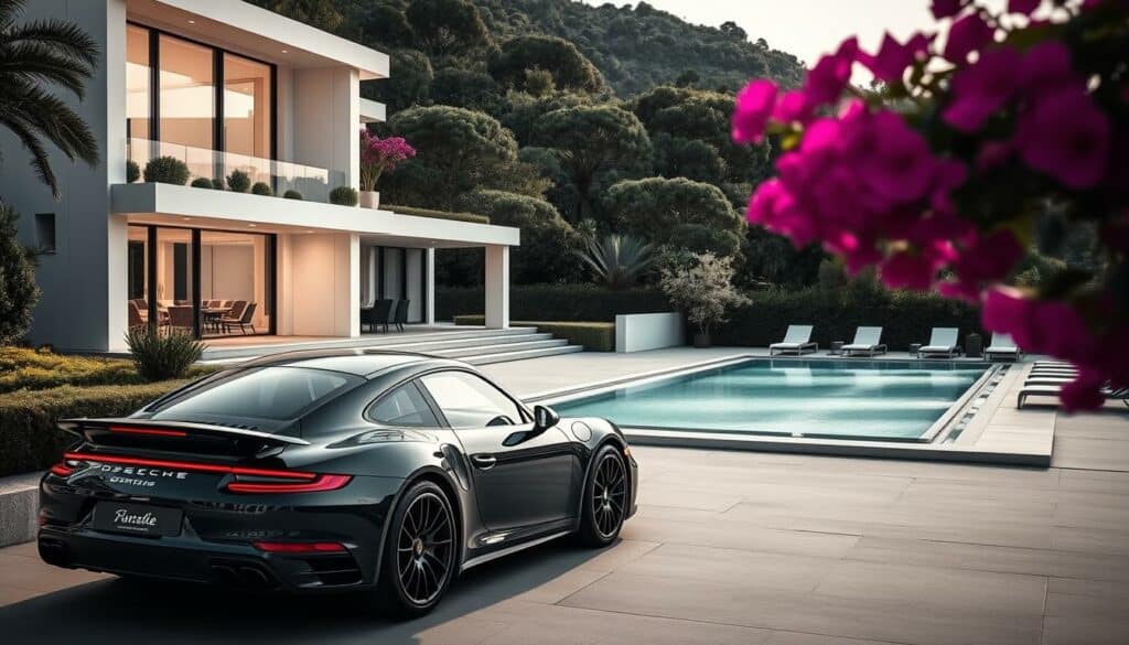 A luxurious villa nestled in the heart of Monte Carlo, Monaco. Sleek, modern architecture with clean lines and large windows offering panoramic views of the sparkling Mediterranean. The residence is surrounded by a lush, meticulously manicured garden, complete with a sparkling pool and sun loungers. In the foreground, a black Porsche 911 Turbo S is parked, its elegant curves and bold red accents complementing the monochrome palette. Warm, diffused lighting casts a serene glow over the scene, while subtle pops of color, like the vibrant bougainvillea blooms, add depth and visual interest. This is the embodiment of Nico Rosberg's Immobilien Lifestyle, a harmonious blend of luxury, sophistication, and attention to detail.