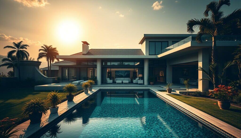 A luxurious villa with a sleek, modern facade stands proudly amidst a lush, manicured landscape. The sprawling estate boasts an expansive patio, dotted with vibrant potted plants and a sparkling swimming pool that reflects the sun's golden rays. Intricate architectural details, such as clean lines and geometric shapes, create an air of sophistication, while the carefully curated furnishings and artwork within suggest a lavish lifestyle. The scene is captured in a moody, chiaroscuro style, with the subject matter rendered in a muted, monochromatic palette accented by strategic pops of color.