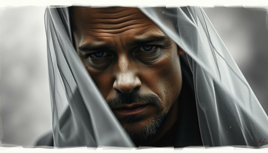 A melancholic portrait of Brad Pitt, his features shrouded in a soft, hazy veil, conveying a sense of emotional turmoil. The foreground is dominated by his pensive expression, with subtle hints of color accentuating the weary lines of his face. The middle ground blurs into a moody, monochromatic backdrop, suggesting the weight of media scrutiny and public speculation surrounding his personal life. Shards of color, like fragmented memories, punctuate the scene, hinting at the complex emotions and narratives that often accompany the pursuit of fame. The image exudes a sense of vulnerability and the heavy toll that public scrutiny can take on an individual's well-being.