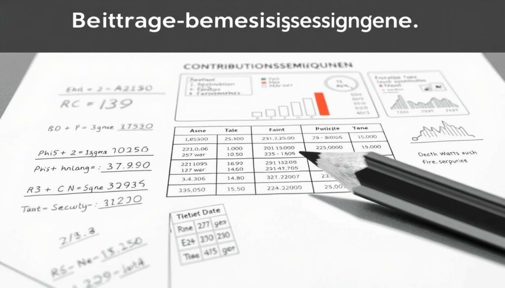 A meticulously detailed technical illustration depicting the "Beitragsbemessungsgrenzen" or contribution assessment limits for social security contributions in Germany. The scene features a minimalist black and white pencil sketch with subtle pops of color highlighting key numerical values and infographic-style visualizations. The foreground showcases precise calculations, formulas, and data tables, while the middle ground presents an organized layout of these financial details. The background subtly suggests the broader economic and social context, conveying a sense of gravity and importance. Crisp lines, precise geometric shapes, and a restrained color palette evoke a sense of authority and professionalism, befitting the technical subject matter.