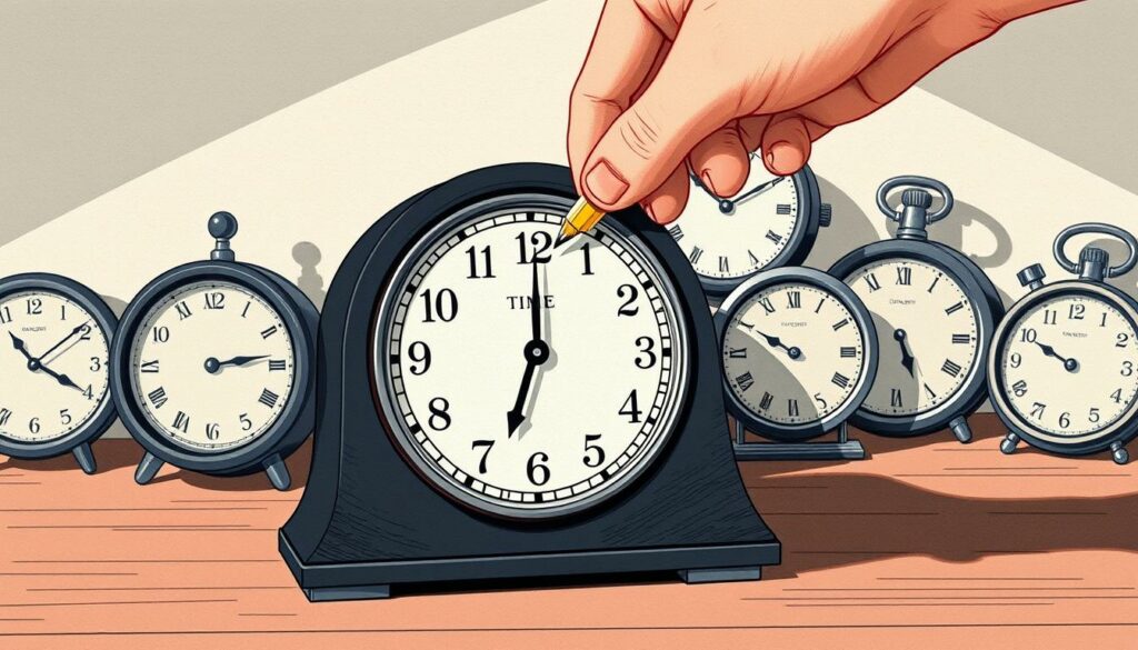A meticulously rendered illustration depicting the intricate process of resetting analog clocks and watches to mark the transition from daylight saving time to standard time. The image features a close-up view of a hand skillfully adjusting the hour and minute hands of a classic mantel clock, with the clock face rendered in precise detail, capturing the subtle gradations of the black and white design. In the background, a selection of additional timepieces, each with their own distinct designs, await their own time adjustments, casting delicate shadows and creating a sense of depth and atmosphere. The overall composition conveys a sense of precision, focus, and the ritual-like nature of this biannual event, with muted tones and accents of color drawing the viewer's attention to the essential details.
