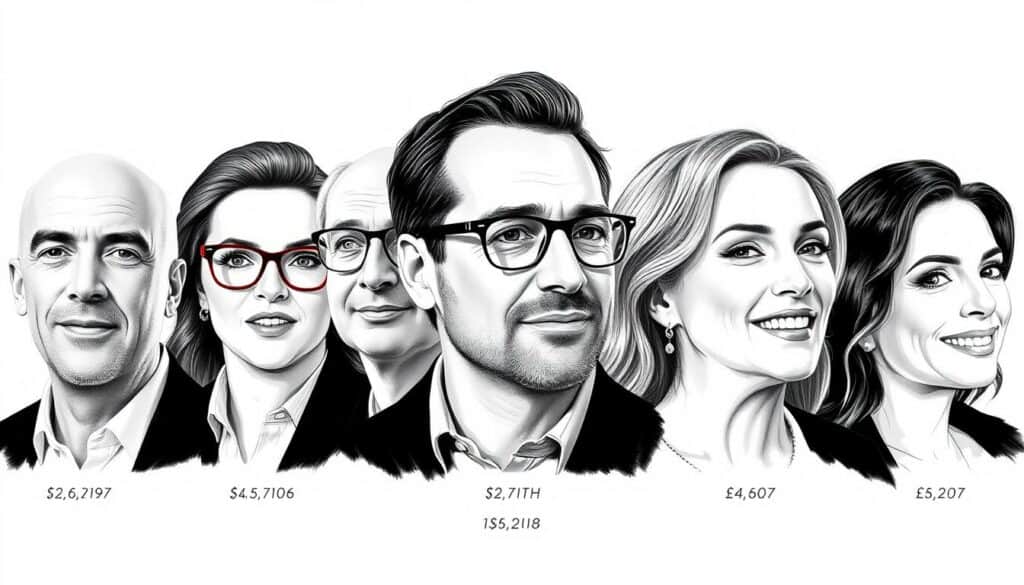 A meticulously rendered portrait comparison of the net worth of the popular music television show "The Voice" coaches, depicted in a striking black-and-white illustration with selective colorful accents. The scene features the coaches' headshots arranged in a visually balanced layout, their financial standing represented through subtly incorporated graphical elements. The overall mood is one of refined minimalism, emphasizing the key data points in a clean, informative manner to complement the article's subject matter.