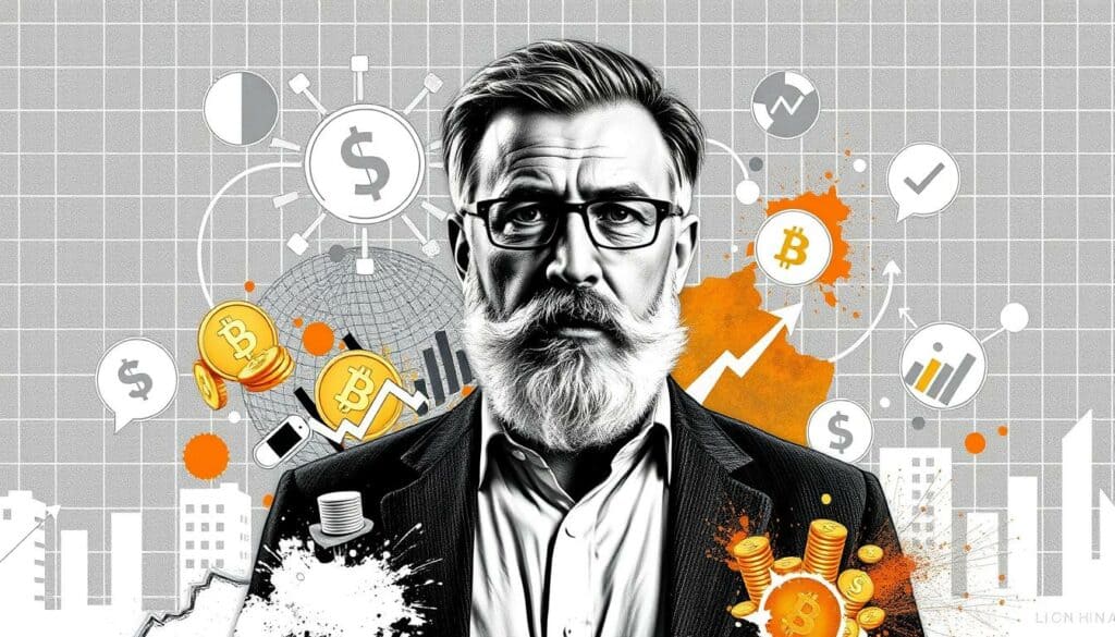 A middle-aged man with a distinctive beard stands at the center of the frame, surrounded by various financial symbols and icons representing his diverse income streams. In the background, a grid-like pattern suggests a meticulously organized financial landscape, while splashes of color, such as golden coins and stock charts, add visual interest. The overall composition conveys a sense of wealth, precision, and the multifaceted nature of the subject's financial success, all rendered in a striking black and white palette with selective color accents.