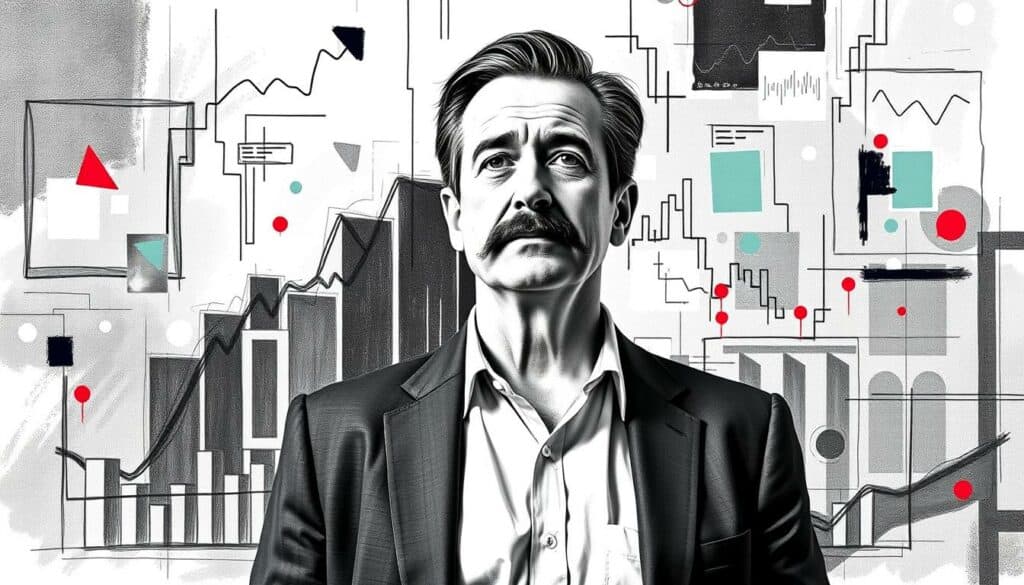 A middle-aged man with a distinctive mustache and slicked-back hair, standing confidently against a backdrop of abstract financial charts and graphs, each element rendered in a stylized black and white palette with carefully placed splashes of color to draw the eye. The man's expression is one of poise and authority, his posture conveying a sense of hard-earned success. The overall composition suggests a narrative of a successful career, built upon diverse income streams and shrewd financial management. A middle-aged man with a distinctive mustache and slicked-back hair, standing confidently against a backdrop of abstract financial charts and graphs, each element rendered in a stylized black and white palette with carefully placed splashes of color to draw the eye. The man's expression is one of poise and authority, his posture conveying a sense of hard-earned success. The overall composition suggests a narrative of a successful career, built upon diverse income streams and shrewd financial management.