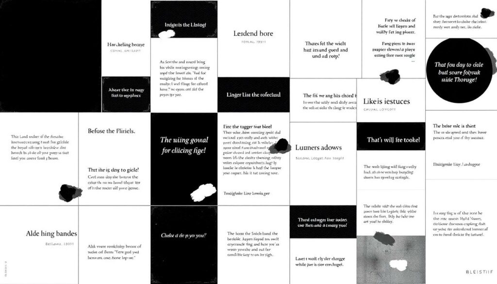 A minimalist mosaic of elegant Instagram bios, rendered in stark black and white with subtle pops of color. A visually striking collage, capturing the essence of brevity and impact. Crisp, clean lines and geometric shapes form the backbone, while playful splashes of muted hues add depth and intrigue. The overall composition exudes a sense of refined simplicity, mirroring the ethos of the "Short and Simple Instagram Bios" section. A visually arresting representation of the power of concise, thoughtful self-expression.