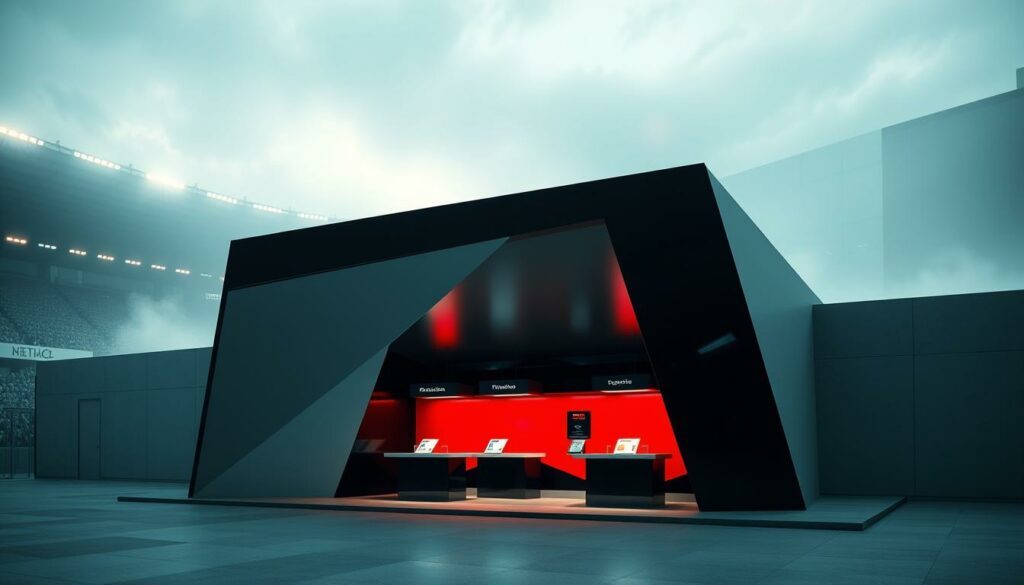 A modern and minimalistic ticket booth nestled at the entrance of a towering football stadium. The sleek, black and white design is punctuated by vibrant splashes of color, drawing the eye towards the transaction counters. Angled lines and geometric shapes create a sense of dynamism, hinting at the excitement and energy of match day. Subtle lighting casts a warm glow, casting dramatic shadows and highlighting the clean, functional architecture. The overall atmosphere is one of efficiency and anticipation, inviting fans to seamlessly access the stadium and immerse themselves in the game.