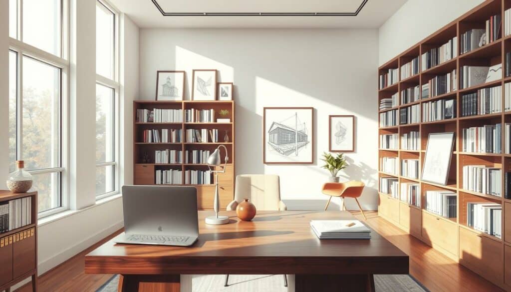 A modern office interior, bathed in soft natural light streaming through large windows. At the center, a polished mahogany desk hosts a laptop, a desk lamp, and a few carefully curated decorative items. Behind it, floor-to-ceiling bookshelves line the walls, their spines rendered in precise pencil shading. Framed artworks and architectural sketches adorn the space, hinting at the owner's sophisticated tastes and entrepreneurial ambitions. The overall mood is one of understated elegance and quiet productivity, punctuated by subtle pops of color in the form of a vibrant potted plant or a designer chair. This is a space where big ideas are brought to life, where strategic investments are carefully considered. A modern office interior, bathed in soft natural light streaming through large windows. At the center, a polished mahogany desk hosts a laptop, a desk lamp, and a few carefully curated decorative items. Behind it, floor-to-ceiling bookshelves line the walls, their spines rendered in precise pencil shading. Framed artworks and architectural sketches adorn the space, hinting at the owner's sophisticated tastes and entrepreneurial ambitions. The overall mood is one of understated elegance and quiet productivity, punctuated by subtle pops of color in the form of a vibrant potted plant or a designer chair. This is a space where big ideas are brought to life, where strategic investments are carefully considered.
