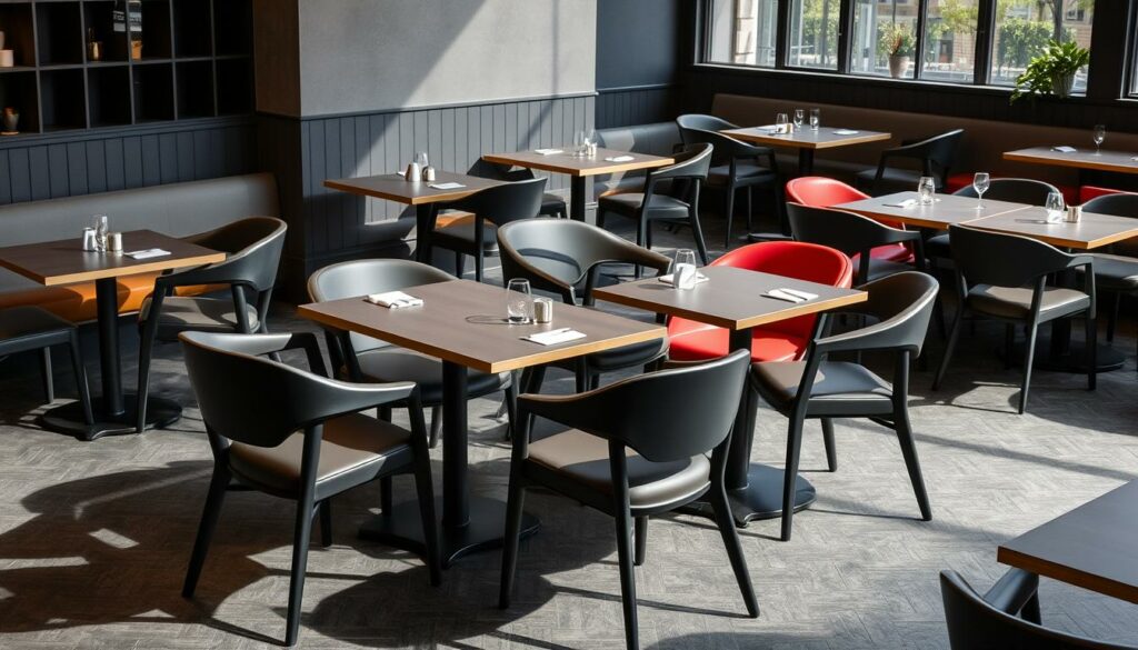A modern, well-designed cafe setting with a harmonious arrangement of sturdy, angular tables and comfortable, ergonomic chairs. The furniture pieces are composed with precision, creating a cohesive and inviting atmosphere. Rendered in a muted color palette of black, white, and subdued hues, with pops of vibrant color adding visual interest. Soft, natural lighting casts gentle shadows, highlighting the clean lines and high-quality materials. The overall scene conveys a sense of functionality, style, and attention to detail that would appeal to discerning diners in a refined gastronomic establishment.