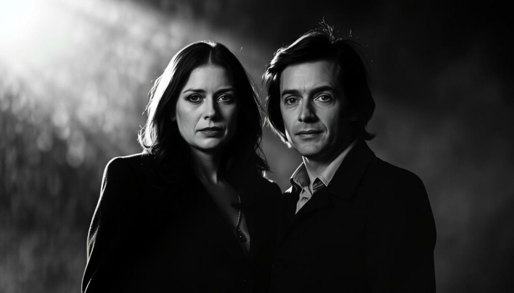 A moody, atmospheric portrait of Amy Sherman-Palladino and Daniel Palladino, the creative visionaries behind Gilmore Girls. Set against a hazy, ethereal backdrop, the couple stands united, their faces illuminated by a soft, directional light that casts dramatic shadows. The foreground is rendered in a striking black and white palette, with subtle pops of color accentuating key details, such as the warmth of their eyes or the texture of their clothing. The overall composition conveys a sense of creative energy, passion, and the duo's unwavering artistic vision for the beloved television series.