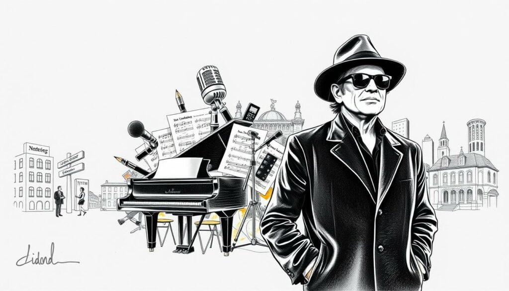 A moody black and white illustration depicting Udo Lindenberg's diverse career and income sources. In the foreground, Lindenberg stands confidently, his signature hat and sunglasses adding to his iconic persona. In the middle ground, a collage of visual elements represents his musical prowess - a grand piano, a microphone, and sheet music. The background features a cityscape, hinting at his entrepreneurial ventures beyond music, such as hotels, restaurants, and merchandise. Pops of color highlight key details, drawing the viewer's eye to Lindenberg's versatility and the breadth of his professional achievements. The overall aesthetic conveys a sense of energy, creativity, and Lindenberg's enduring impact on German culture.