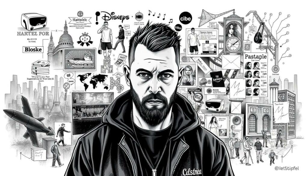 A moody, intricate illustration of Haftbefehl's diverse income streams and his storied career in the German rap scene. Rendered in a striking black and white palette with subtle, strategic pops of color to highlight key elements. The foreground depicts Haftbefehl himself, captured in a pensive, contemplative pose, surrounded by visual metaphors for his various revenue sources - music sales, streaming, live performances, brand endorsements, and more. The middle ground features a collage of imagery symbolizing his rise to fame - concert stages, recording studios, music awards, and media coverage. The background is a shadowy, abstract cityscape, evoking the gritty urban environment that has shaped his artistic journey. The overall mood is moody, atmospheric, and thought-provoking, inviting the viewer to ponder the complex interplay of art, commerce, and celebrity in Haftbefehl's world.