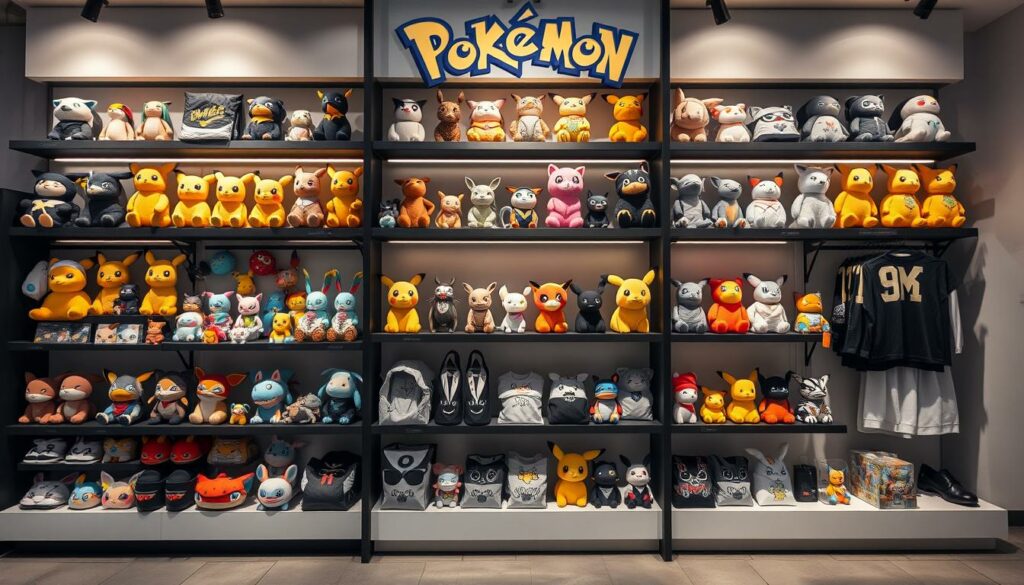 A neatly arranged Pokémon merchandise display in a minimalist German retail setting. The shop front features a clean, modern aesthetic with black and white tones, punctuated by vibrant pops of Pokémon-themed colors. Shelves showcase a diverse array of Pokémon plushies, collectibles, accessories, and apparel, all expertly curated to capture the essence of the brand. Soft, directional lighting casts warm shadows, creating depth and emphasizing the high-quality craftsmanship of the products. The overall composition conveys a sense of accessibility and attention to detail, inviting customers to explore the rich world of Pokémon in an immersive, thoughtfully designed shopping experience.