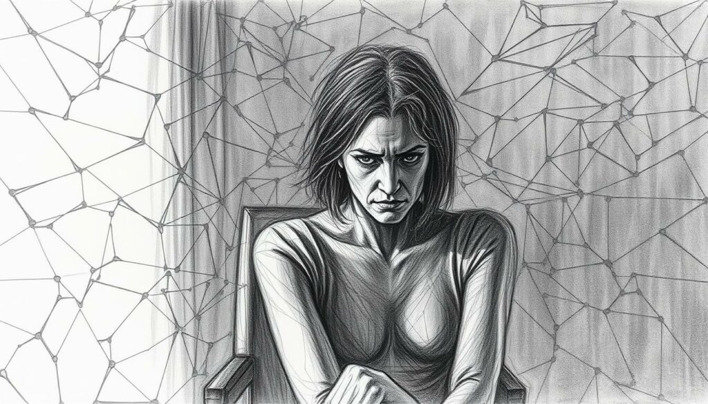 A pensive Ghislaine Maxwell, seated in a dimly lit room, her face obscured by shadows. Surrounding her, a web of intricate lines and geometric patterns, hinting at the complex network of her alleged crimes. Muted tones of grey and black, with subtle flashes of color, evoke a sense of secrecy and unease. The composition emphasizes the depth and layers of her involvement, as if the viewer is peering into the heart of a dark conspiracy. The scene is rendered in a pencil sketch style, heightening the sense of unfinished, unraveling truths.