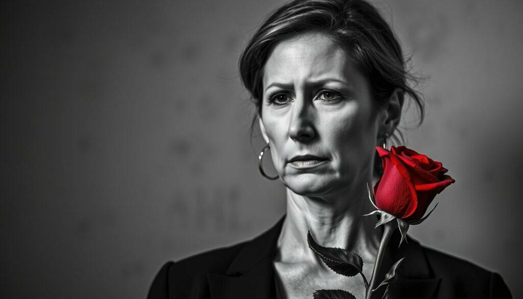 A pensive Silvia Wollny, her face etched with a mix of contemplation and defiance, stands against a muted backdrop. The lighting casts dramatic shadows, accentuating the lines of her expression. In the foreground, a single red rose symbolizes the emotional weight of the situation, its vibrant hue a stark contrast to the monochromatic setting. The composition suggests a sense of introspection, as Silvia grapples with the accusations leveled against her. The overall atmosphere is one of gravity and determination, hinting at her steadfast response to the charges. The scene is rendered in a striking black and white palette, with selective pops of color drawing the viewer's eye to the key elements.