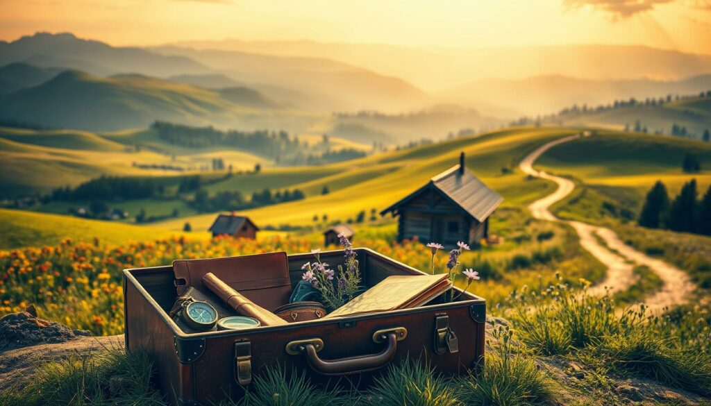A picturesque landscape of rolling hills, lush meadows, and distant mountains, all bathed in a warm, golden light. In the foreground, a vintage suitcase sits open, its contents spilling out - an assortment of travel-inspired items, such as a compass, a leather-bound journal, and a worn map. The middle ground features a cozy, rustic cabin, its weathered wooden exterior complemented by a vibrant array of wildflowers. In the background, a winding path leads off into the distance, inviting the viewer to embark on a journey of exploration and discovery. The overall mood is one of wanderlust, adventure, and the joyful embrace of the great outdoors.